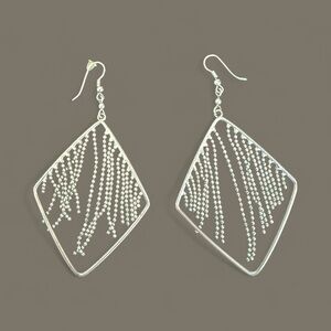 Statement Earrings – Silver Diamond Shape with Chain Fringe